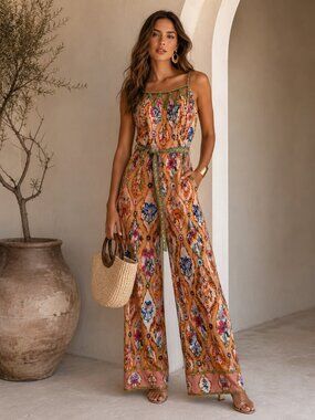 Ranna Gill Boho Floral Wide Leg Jumpsuit | Size M | Cotton Rayon